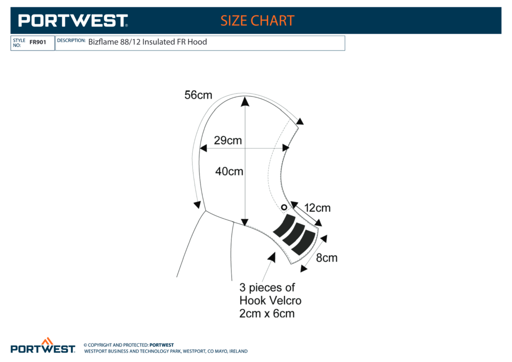 Portwest FR901 size chart
