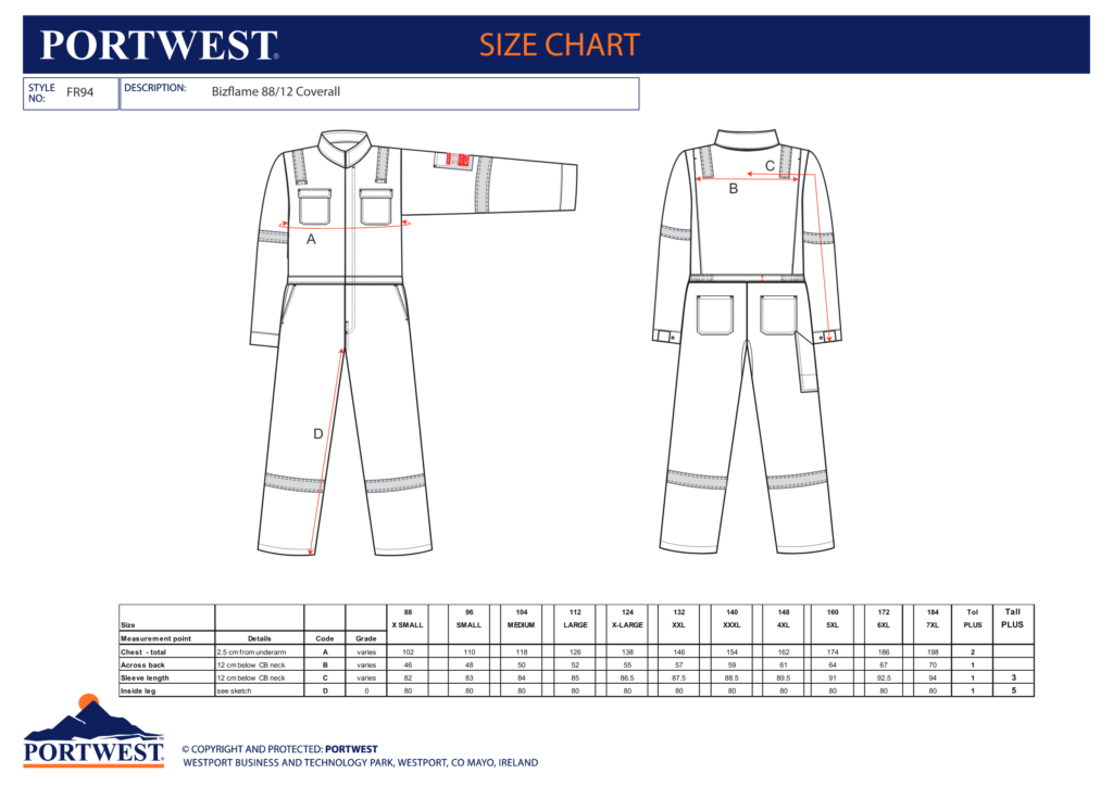 Portwest FR94 size chart