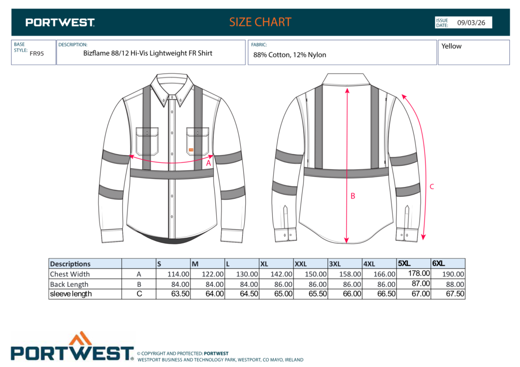 Portwest FR95 size chart