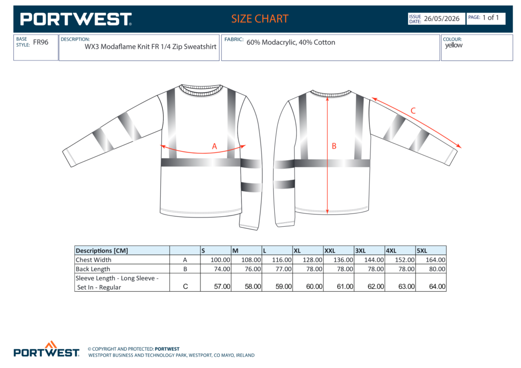 Portwest FR96 size chart