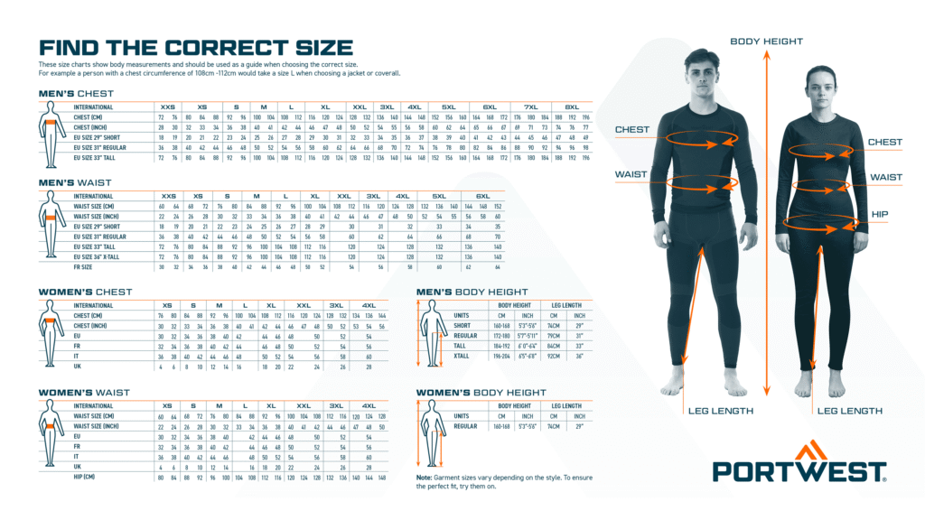 Portwest FR724 size chart