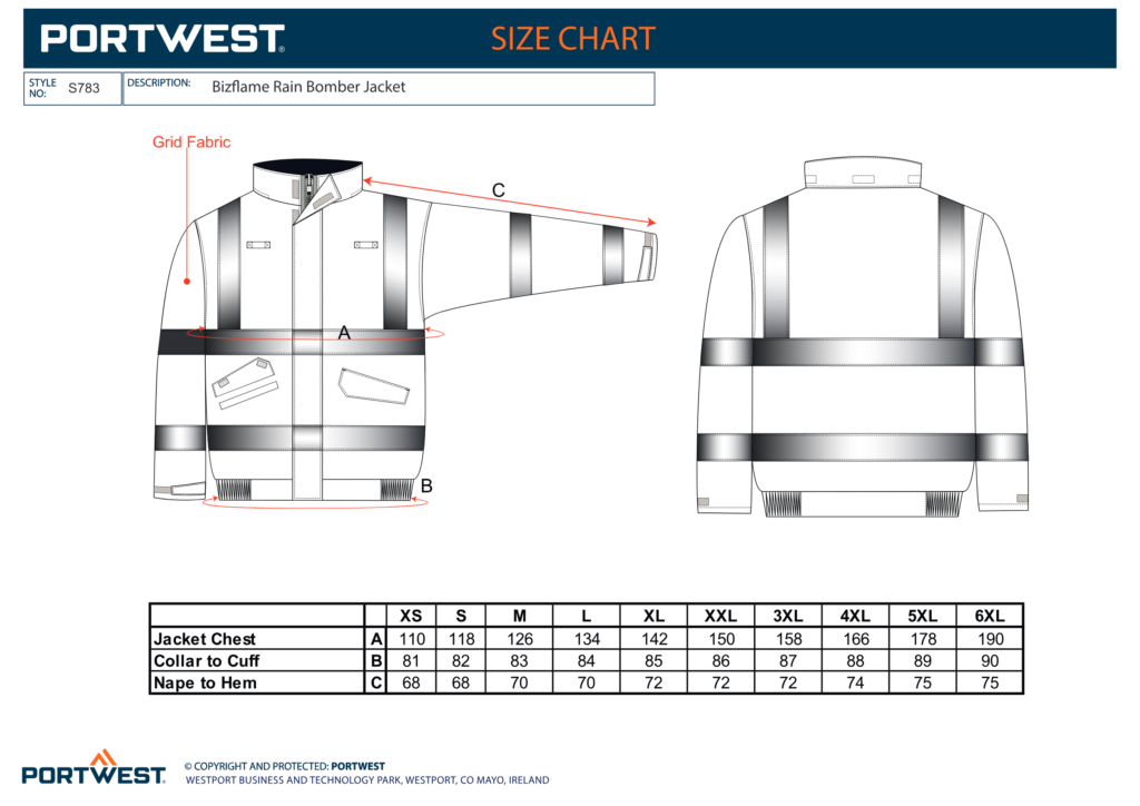 Portwest S783 size chart