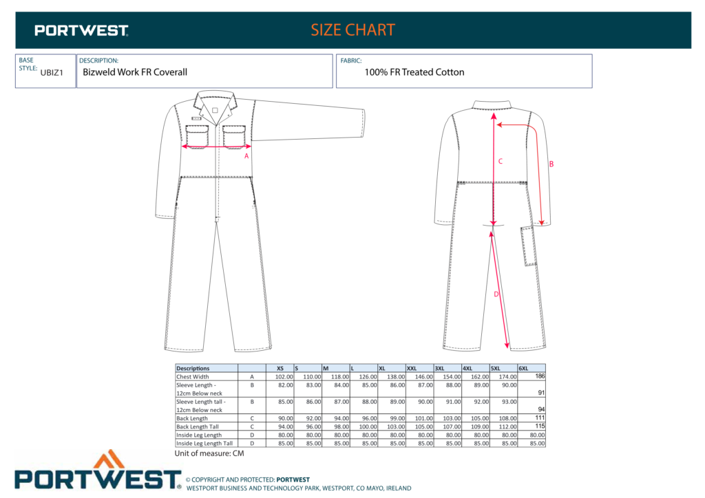 Portwest UBIZ1 size chart