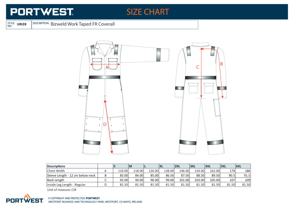 Portwest UBIZ8 size chart
