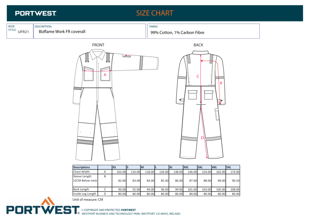 Portwest UFR21 size chart