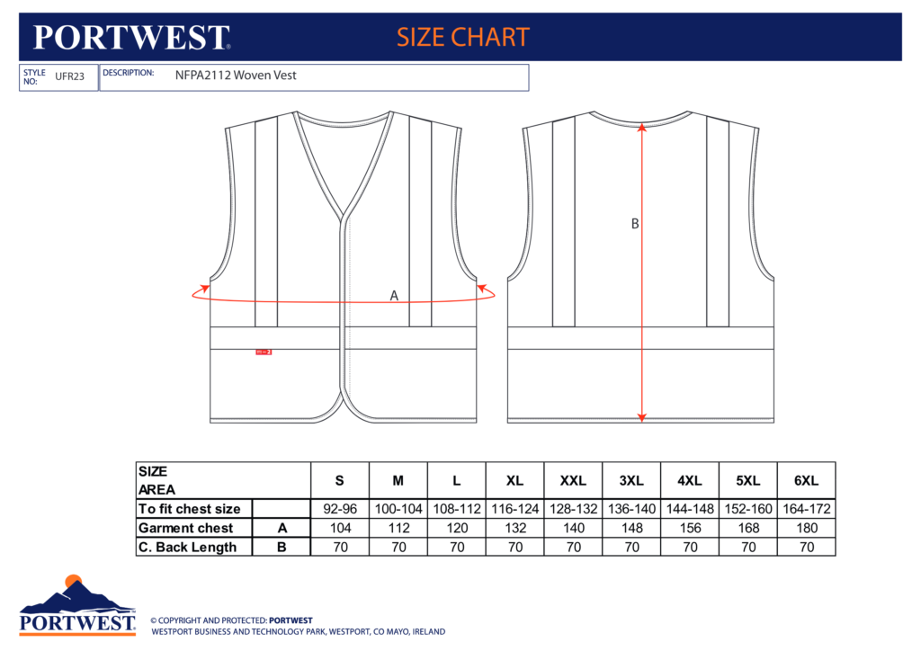 Portwest UFR23 size chart