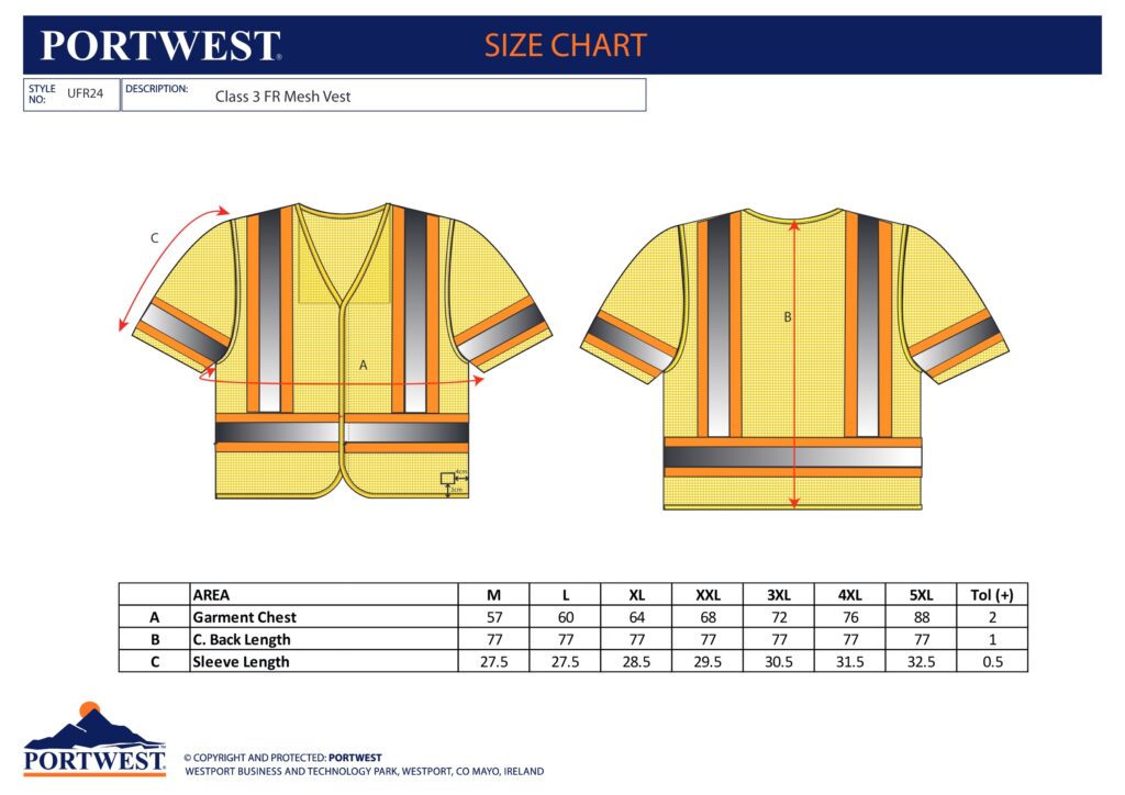 Portwest UFR24 size chart