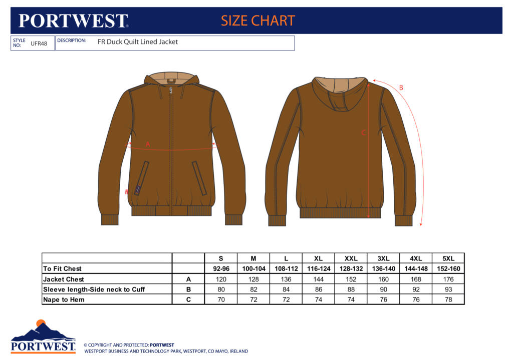 Portwest UFR48 size chart