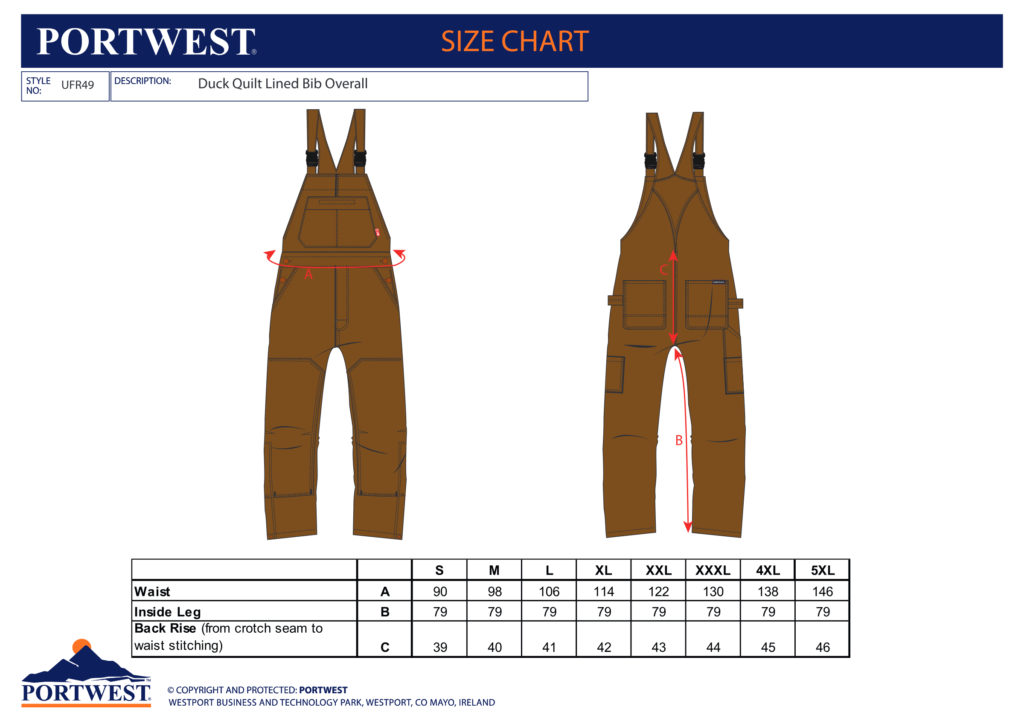 Portwest UFR49 size chart