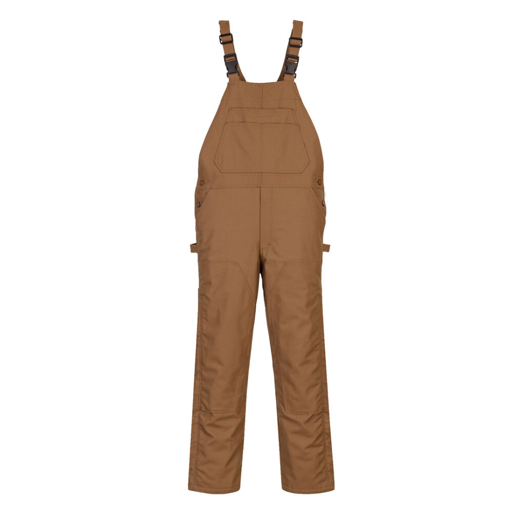 Portwest UFR49 DuraDuck Flame Quilt Lined Flame Resistant Bib Overall in Brown, front view