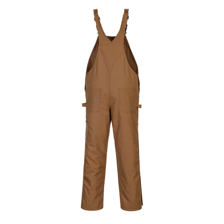 Portwest UFR49 DuraDuck Flame Quilt Lined Flame Resistant Bib Overall in Brown, back view