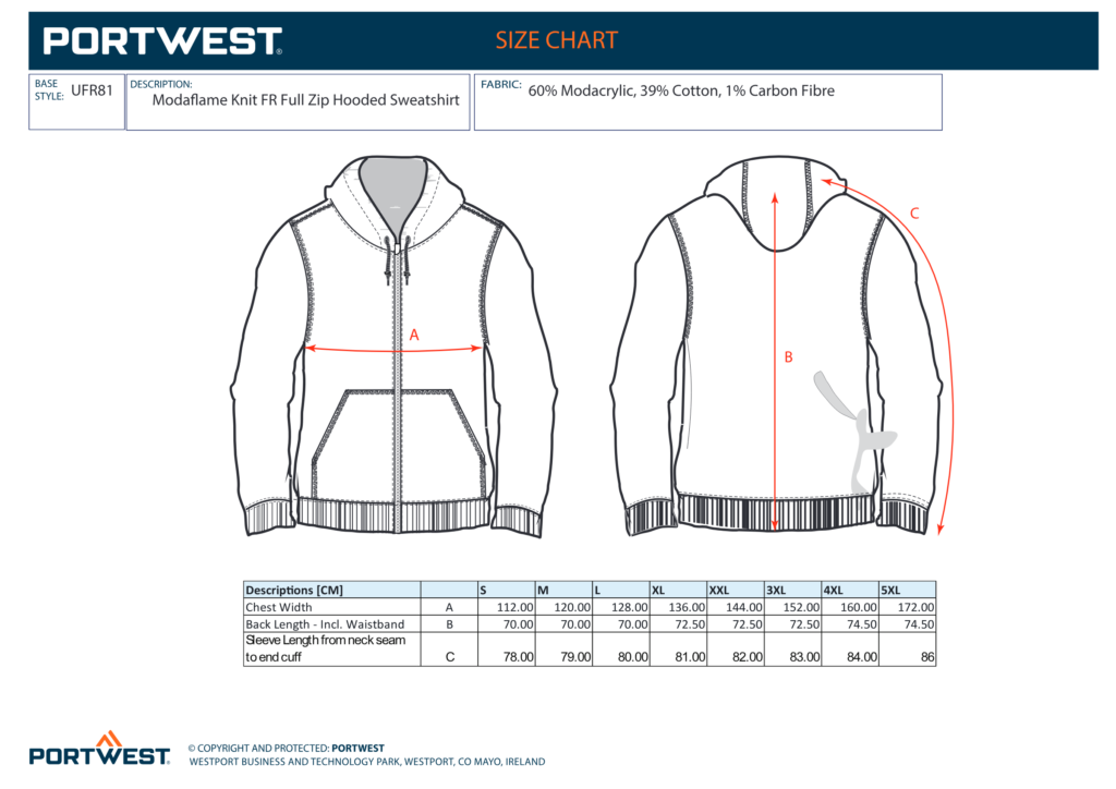 Portwest UFR81 size chart