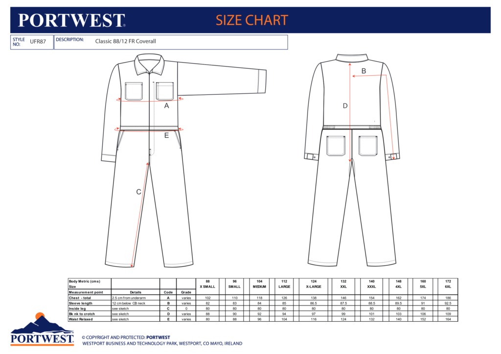 Portwest UFR87 size chart