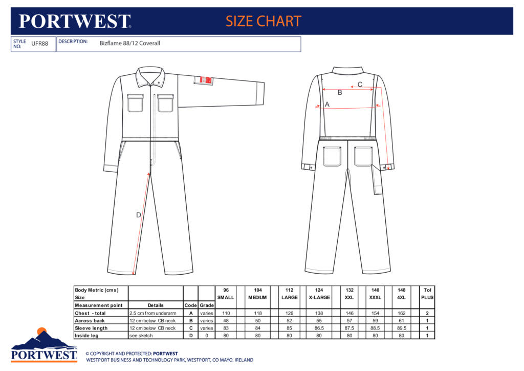 Portwest UFR88 size chart
