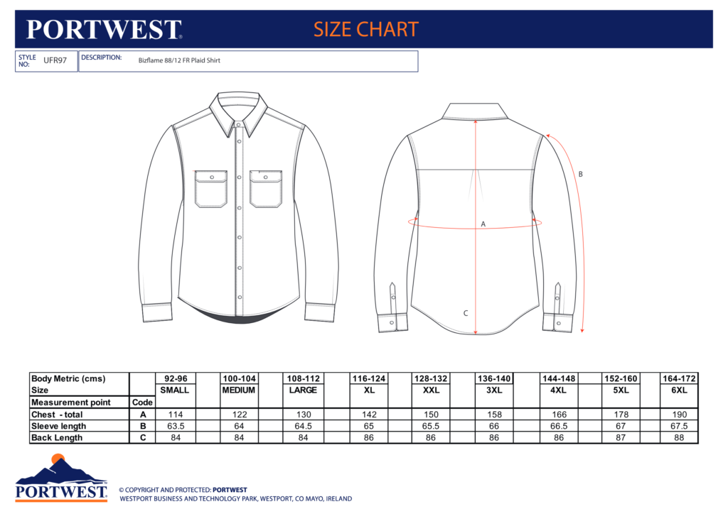 Portwest UFR97 size chart