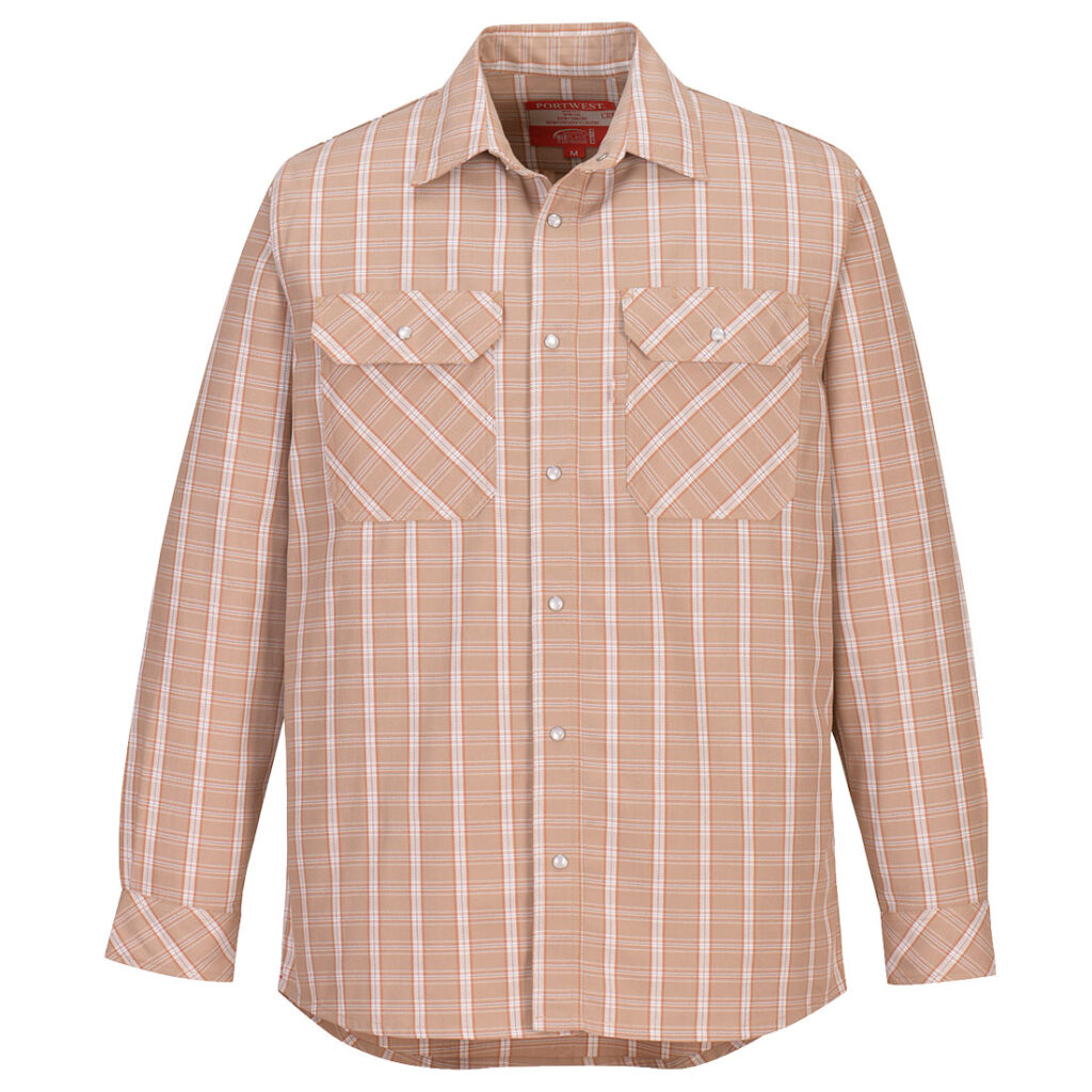 Portwest UFR97 Flame Resistant Plaid Shirt in Khaki, front view