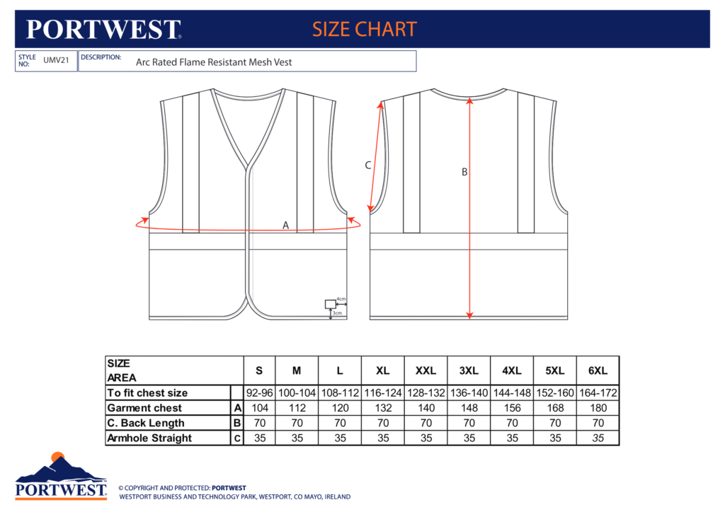 Portwest UMV21 size chart