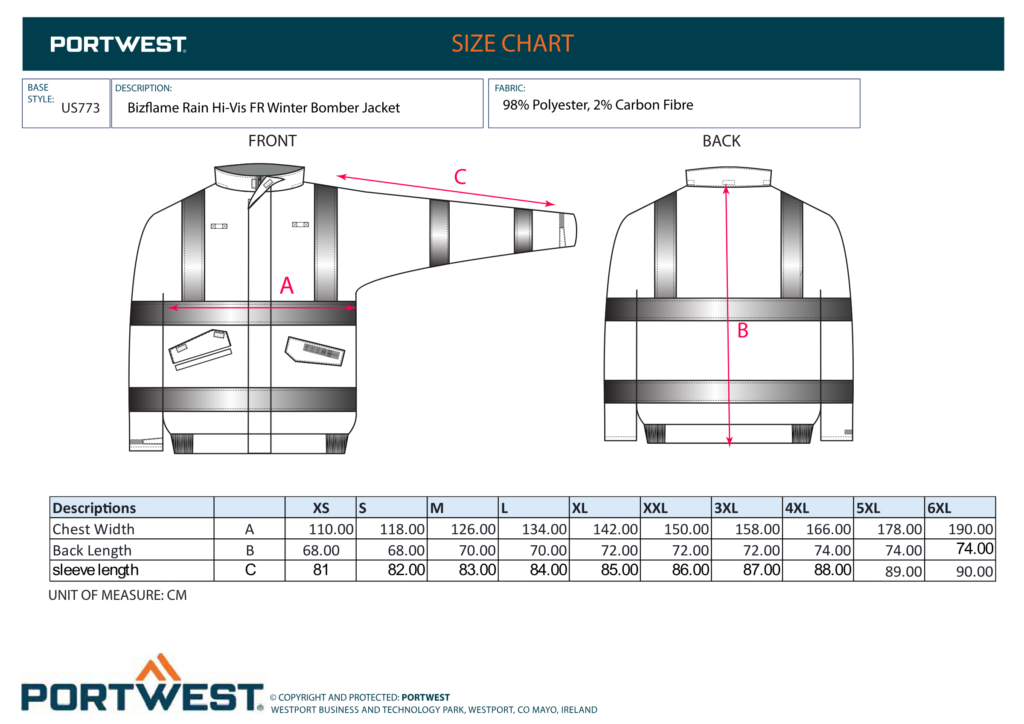 Portwest US773 size chart